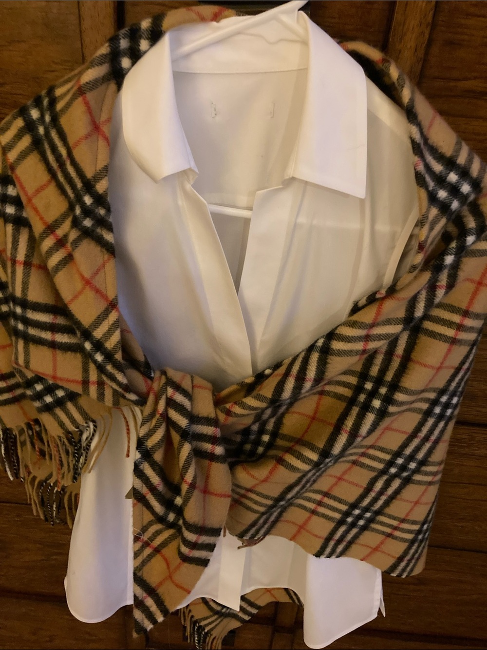 Burberry Beige Plaid Cashmere-Feel Scarf Wrap with Black & Red Accents